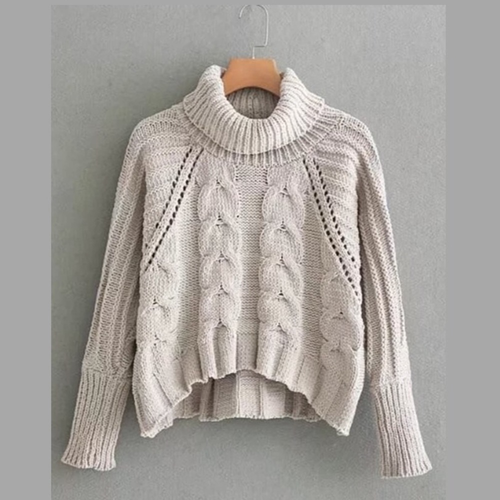 Pointelle Detail Turtleneck Cable Knit Sweater